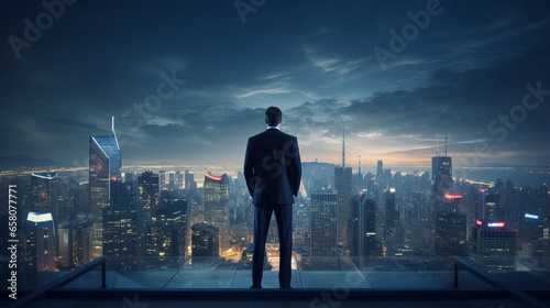 visionary businessman in suit and cape, contemplating cityscape from rooftop, crafting future business strategies – night scene