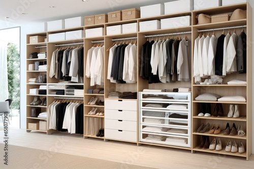 Wallpaper Mural Modern wardrobe interior with clothes on shelves in dressing room