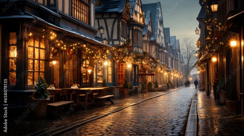 Christmas market with holiday lights Festive village  , illustrator image, HD