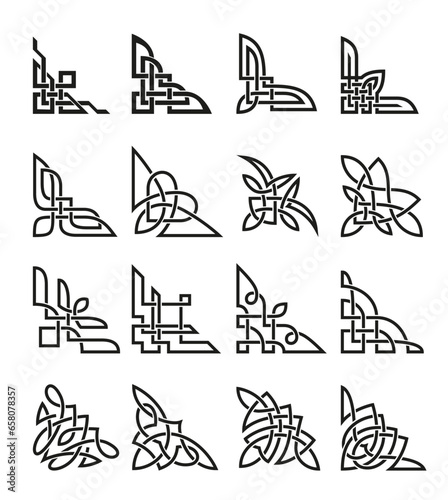 Celtic flourish ornamental corners braided frame pattern black line set vector illustration