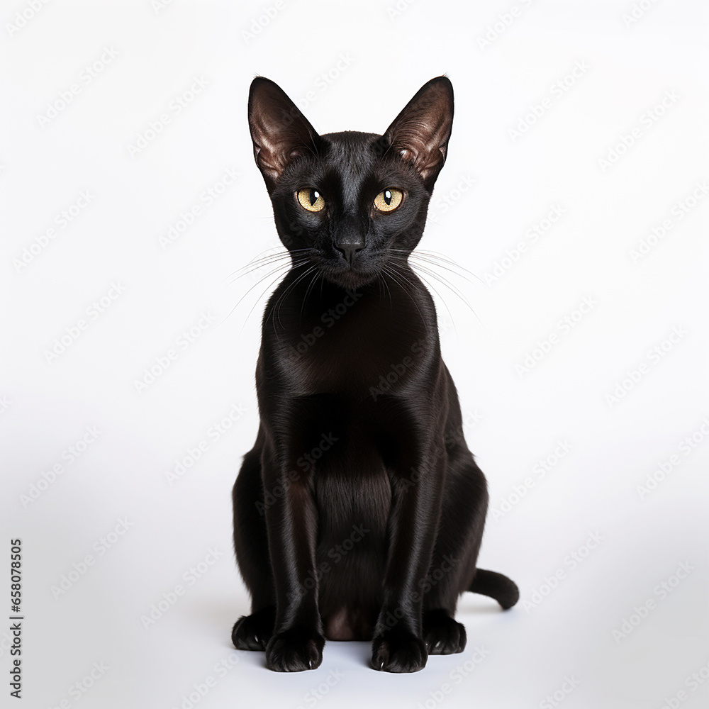Black shorthair cat oriental. Portrait of a black cat with yellow eyes, on white background