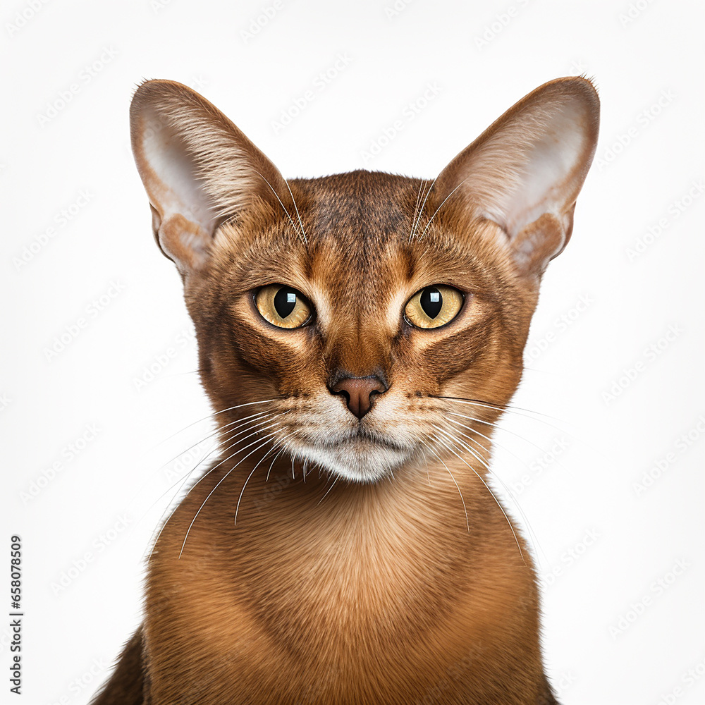 Closeup head of purebred abyssinian cat in front portrait isolated on white background Closeup head of purebred abyssinian cat in front portrait isolated on white background