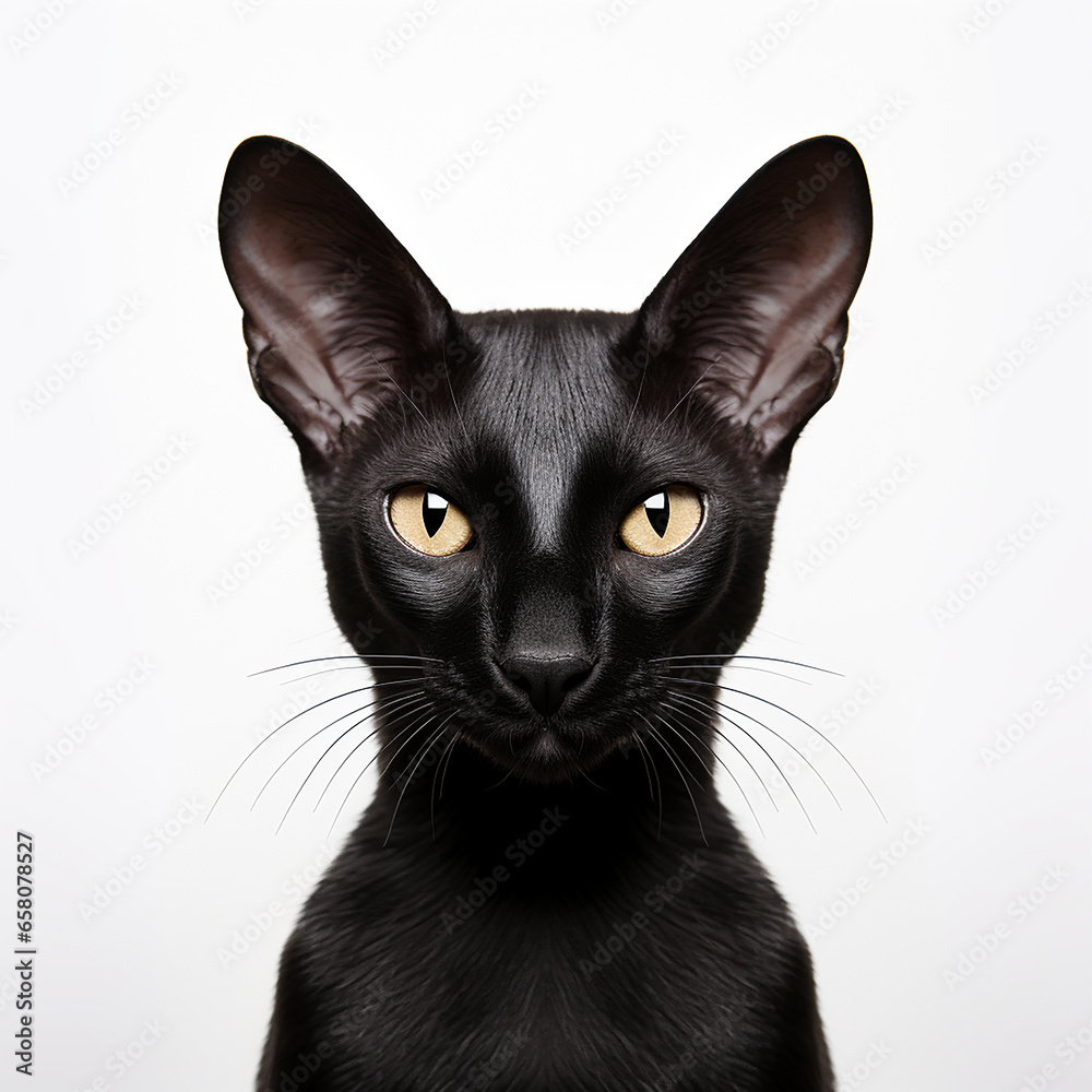 Black cat oriental, cat's face. Portrait of a black cat with yellow eyes, on white background