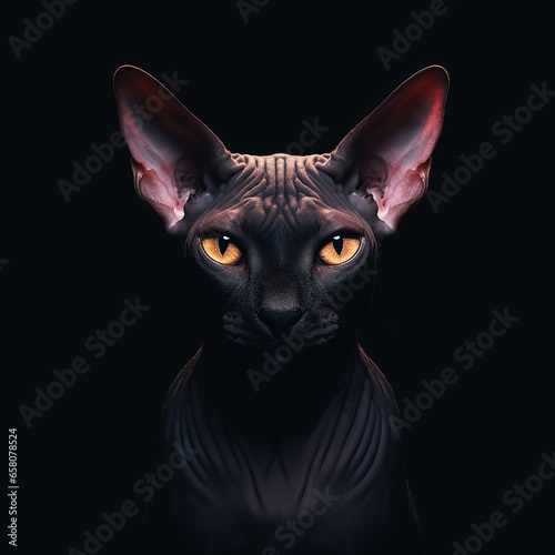 Portrait of black Sphynx Cat. Isolated on Black Background, front view