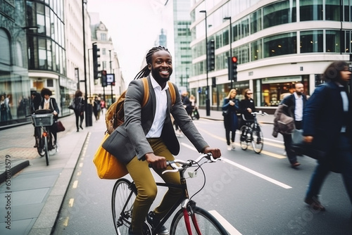 Successful smiling African American businessman with backpack riding a bicycle in a city street in London. Healthy, ecology transport