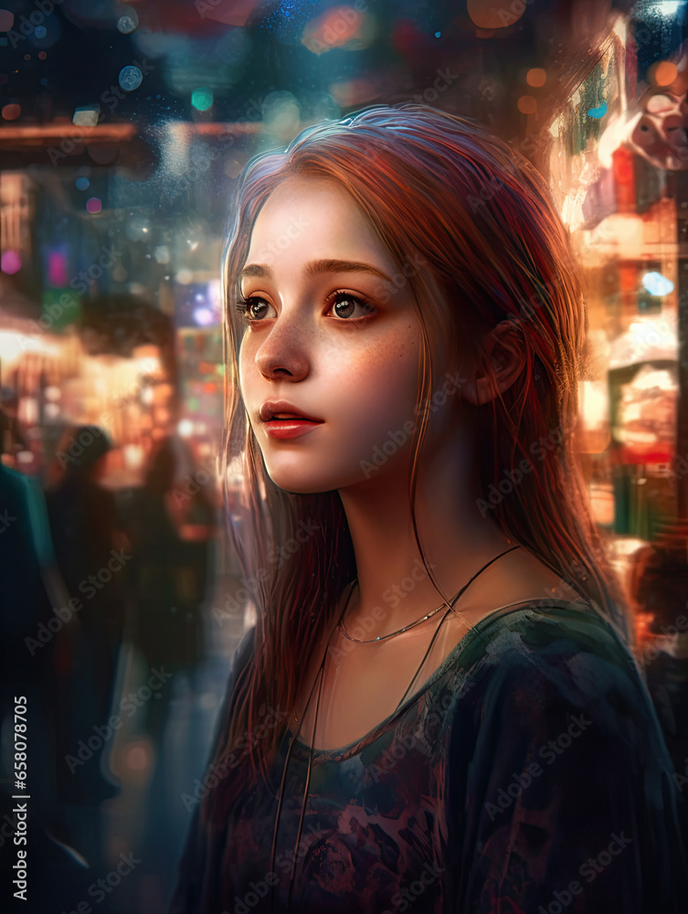Painting of a girl in a city at night.