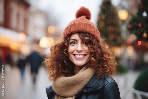 Portrait of happy young woman in winter hat on city street.