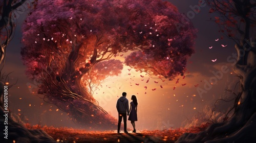 Couple kissing under a heart-shaped tree Blossoming, illustrator image, HD
