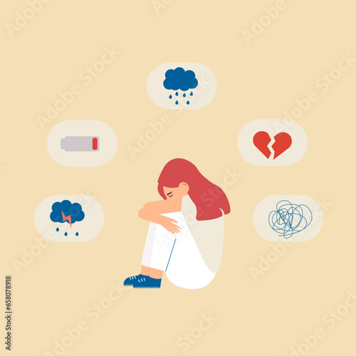 Young woman who suffers from mental health diseases is sitting on the floor. Girl surrounded by symptoms of depression disorder: anxiety, crisis, tears, exhaustion, loss, overworked, tired.