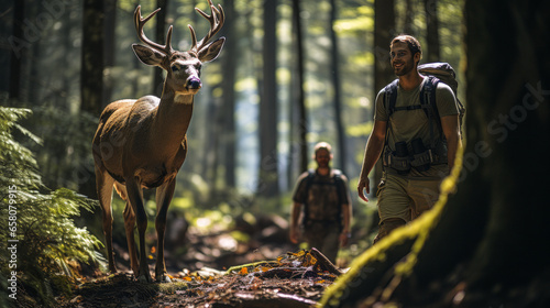 Breathtaking encounter of a hiker with a majestic deer boasting large antlers in the forest trail. © XaMaps
