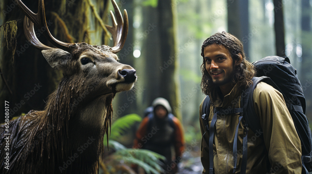 Majestic encounter of man in hiking gear with large-antlered deer on forest trail.