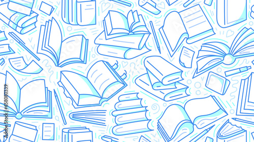 Open and closed books, seamless print. Line graphic illustration on white background. Library, lesson at school, lecture for reading and study