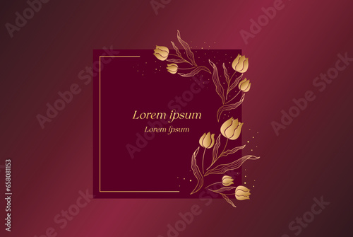 Wedding invitation, floral invitation thank you, rsvp modern card design in golden flower form with crimson and tulip flowers decoration. Elegant rustic vector template.