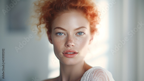 primo piano di giovane ragazza dai capelli rossi e occhi azzurri, luce naturale sfondo bianco photo