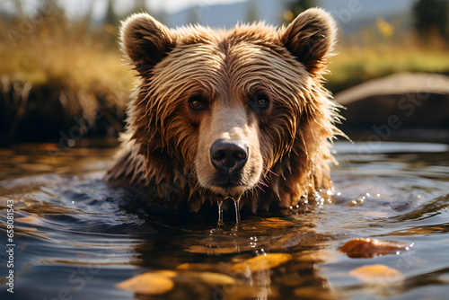 brown bear in the water.