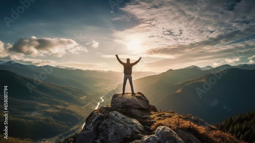 Man on the mountain standing with his hands up