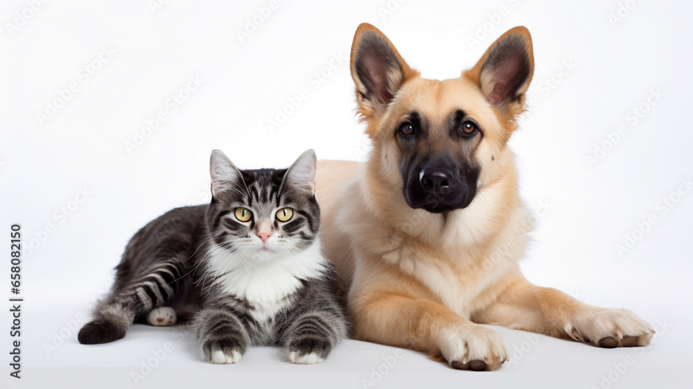 dog and an independent cat side by side on a white background. AI Generative.