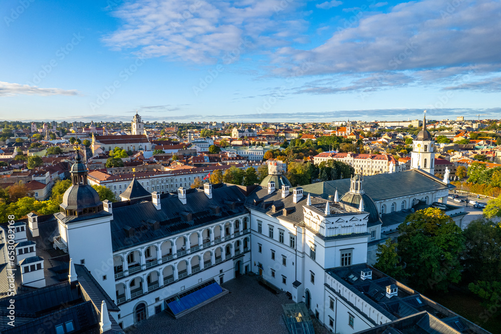 Aerial sunny autumn fall view of Vilnius old town, Palace of the Grand Dukes of Lithuania, Lithuania