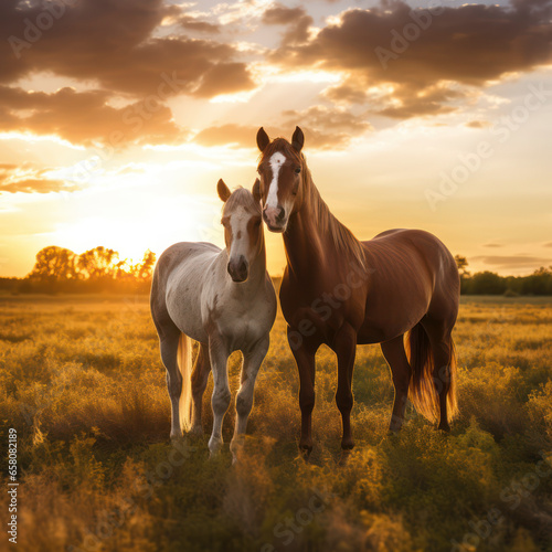 horses in open field backlit at sunset..