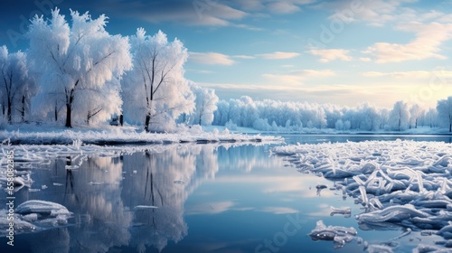 Frosty Reverie with falling snowflakes Snow-covered, illustrator image, HD