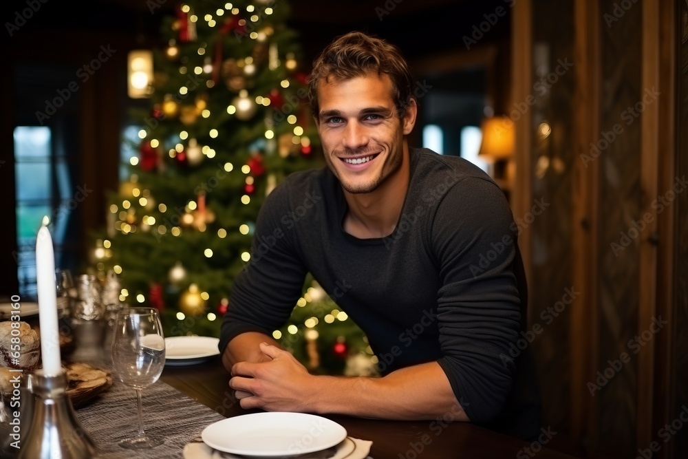 Portrait of a handsome young man sitting at the table in front of christmas tree Portrait of a handsome young man sitting at the table in front of christmas tree