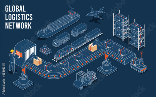 3D isometric Global logistics network concept with Transportation operation service, Supply Chain Management - SCM, Company Logistics Processes. Vector illustration EPS 10