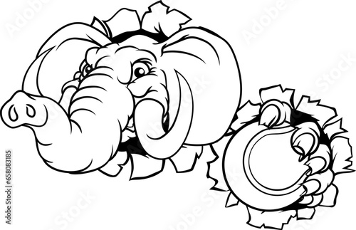 An elephant tennis sports animal mascot holding a ball and breaking through the background