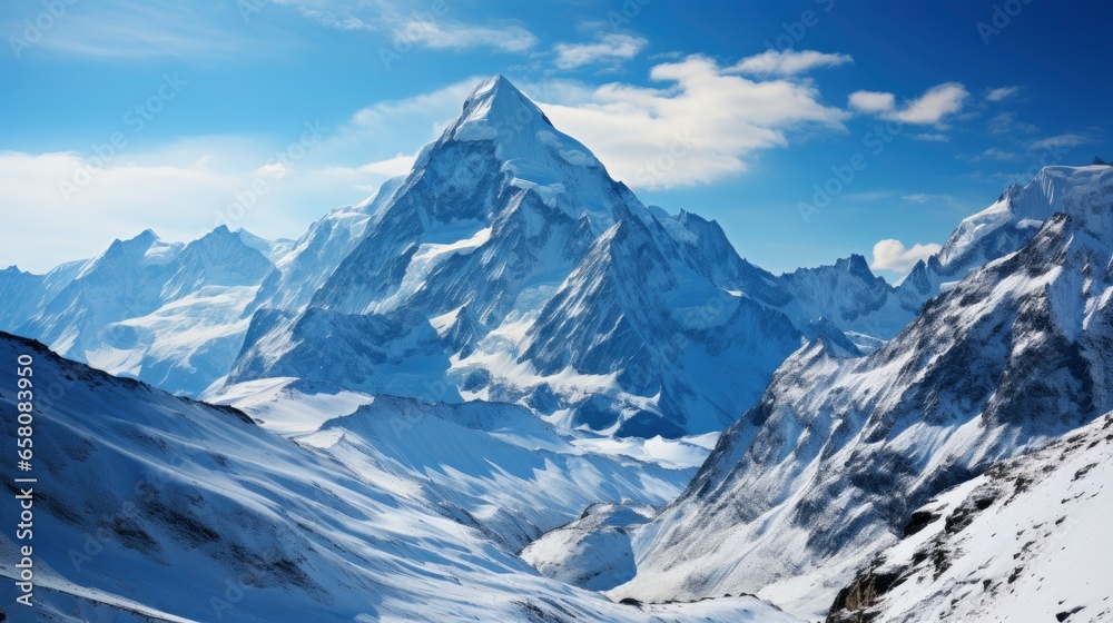 Icy mountain peaks against a clear blue sky Cool blue , illustrator image, HD