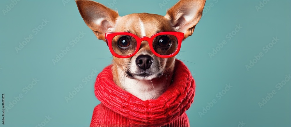 Fashionable glasses wearing canine on a banner Smart red chihuahua in a knitted sweater suitable for optical and pet related businesses