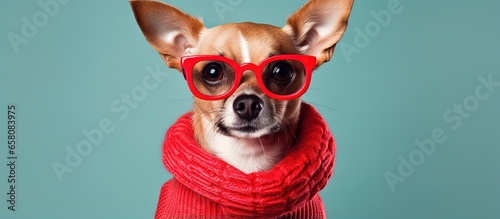 Fashionable glasses wearing canine on a banner Smart red chihuahua in a knitted sweater suitable for optical and pet related businesses © AkuAku