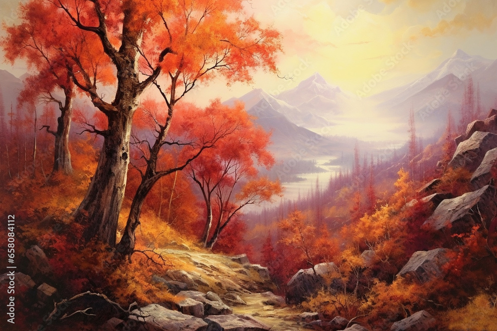Autumn landscape wonderland forest with grass land, Mid autumn natural in orange foliage, Fall season with beautiful panoramic view with sunset behind mountain and maples leaves falling from trees.
