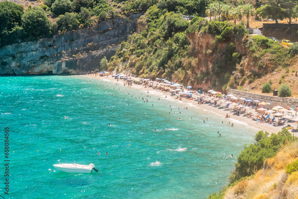 Famous Makris Gialos beach in Zakynthos island in Greece.
