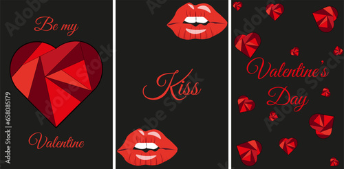 Fashion Design Valentine's day card cover with passion cartoon red Lips, geometric Heart. Set Valentine Day posters, banner, card in trendy Y2K style. Celebration web promo. Vector illustration.