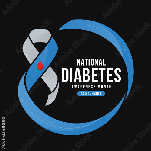 National diabetes awareness month - Text in Blue and gray ribbon awareness with red drop blood sign roll circle around on black background vector design