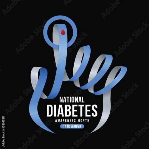 National diabetes awareness month - Text in Blue and gray ribbon awareness with red drop blood sign roll waving hand shape and cross blue circle in index finger on black background vector design