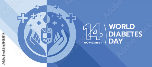 World diabetes day hands hold glucose testing blood meter in blue circle symbol with drop blood on white and half blue background vector design