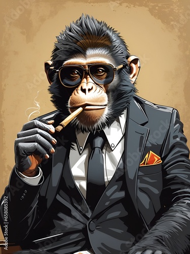 Ai Generated detailed illustration of monkey wearing black suit Dan black glasses, smoking a cigar, t-shirt printing design, vector, 2D Design. photo