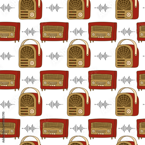 Seamless pattern with vintage portable radio receiver and wave . Retro technique. Can be used for fabric, textile, clothing, wallpapers or scrap booking. Hand-drawn doodle illustration.