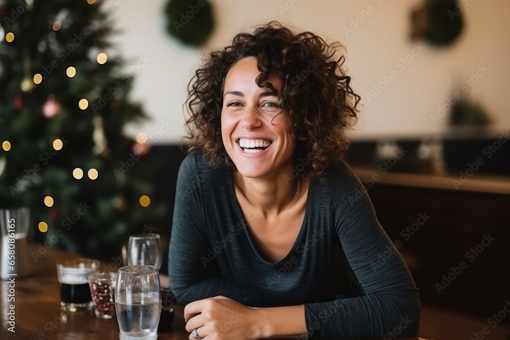 Portrait of happy young woman sitting in cafe at christmas time - obrazy, fototapety, plakaty 