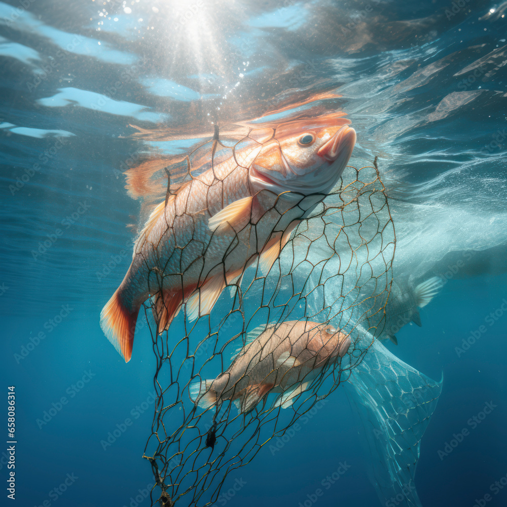 fish ensnared in net under water. - obrazy, fototapety, plakaty 