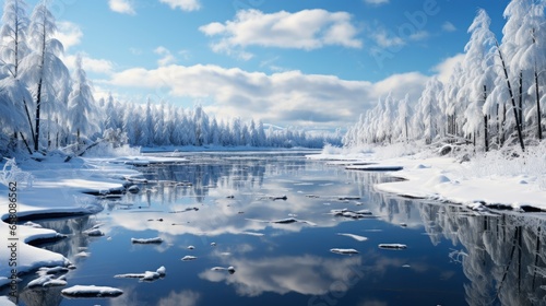 Snowy Stillness with frozen lake Tranquil winter, illustrator image, HD