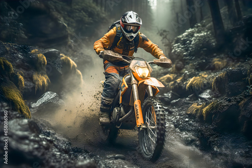 Many professional motorcyclists in full motorcycle equipment ride a crows enduro bike on a mountain road at sunset. The concept of motorsport  speed  hobbies  travel  outdoor activities.