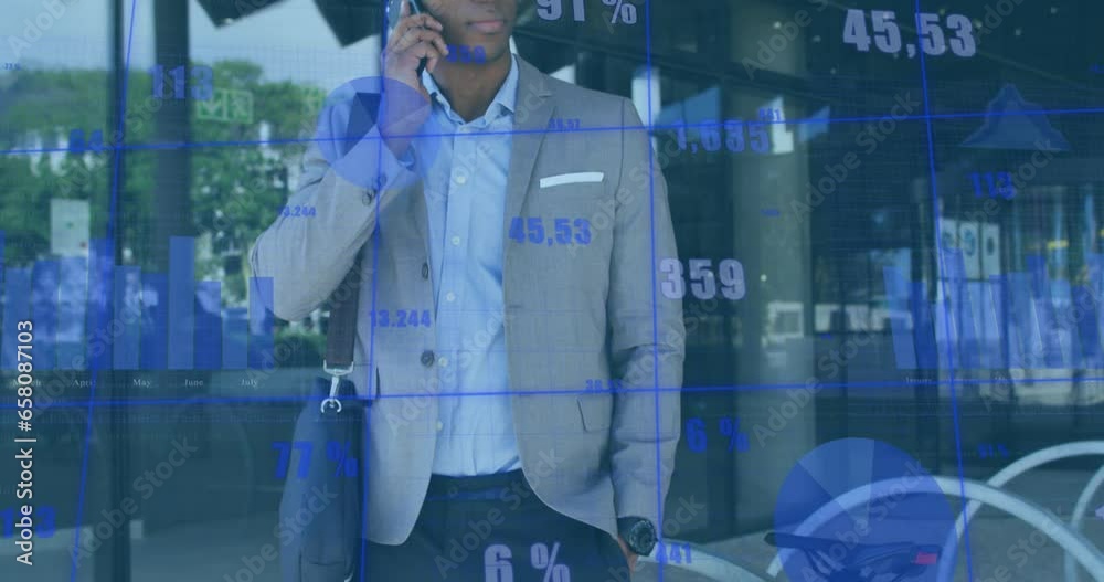 Animation of graphs with changing numbers, african american man talking on cellphone