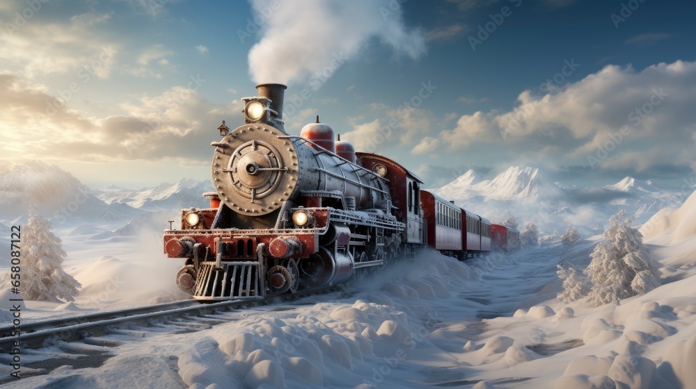 The North Pole Express with train Arctic landscape , illustrator image, HD - obrazy, fototapety, plakaty 