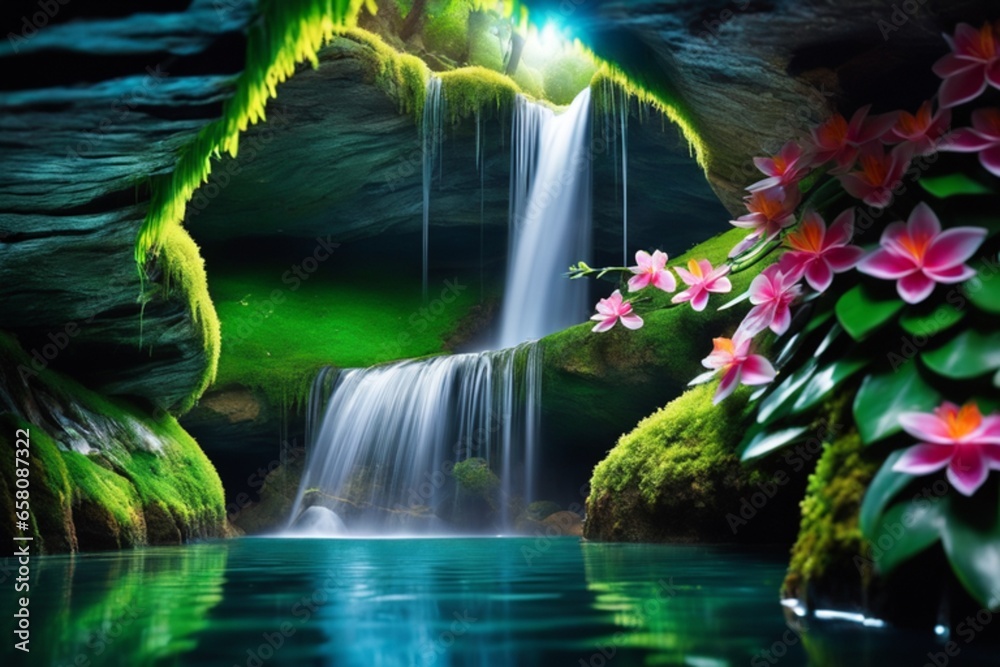 waterfall in the jungle with flowers in a cave, waterfall background, waterfall wallpaper, tropical waterfall, waterfall wildlife