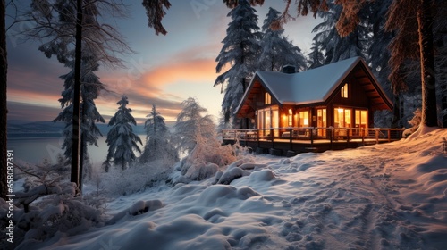 Winter Glow with warm cabin lights Snowy forest , illustrator image, HD © NIA4u