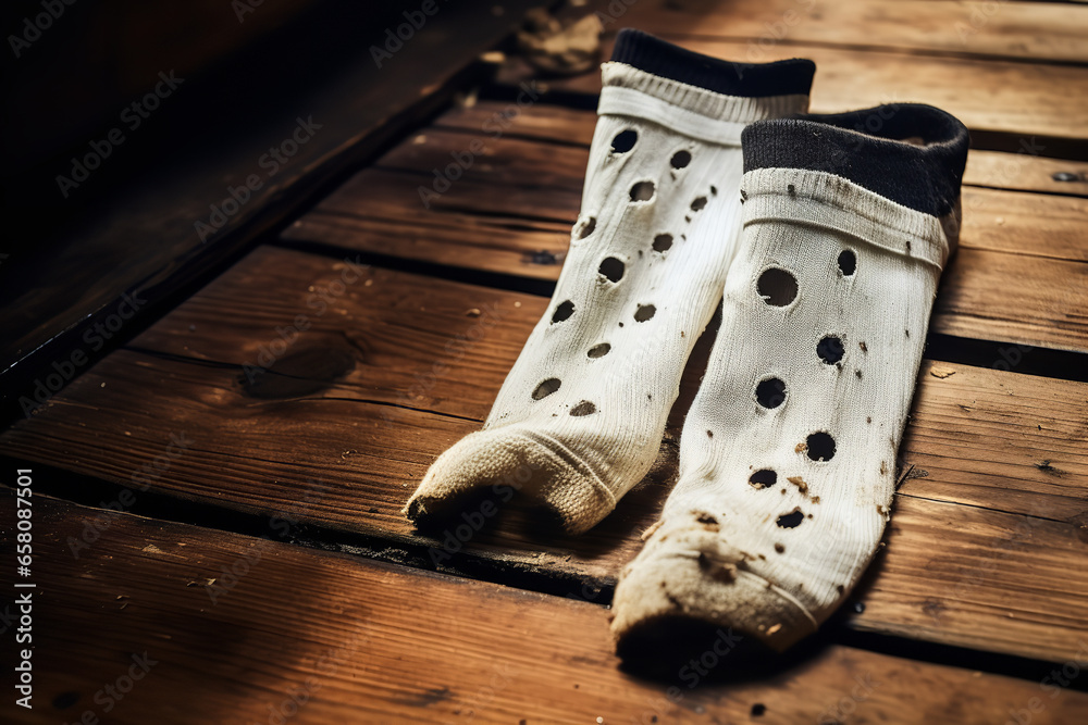 A pair of worn-out socks with visible holes lay on a wooden floor, symbolizing wear and tear over time - obrazy, fototapety, plakaty 