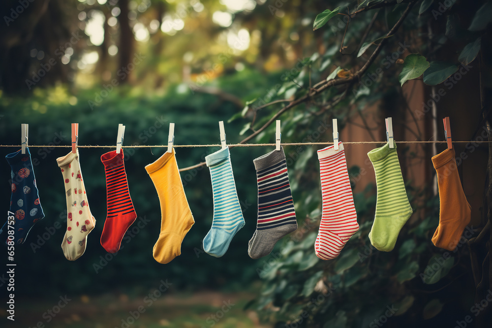 Multiple pairs of socks hanging on a clothesline outside, drying in the fresh air, evoking a sense of domesticity - obrazy, fototapety, plakaty 