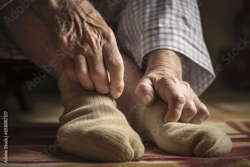 An elderly person sitting on a bed struggling to put on socks, highlighting the challenges of aging
