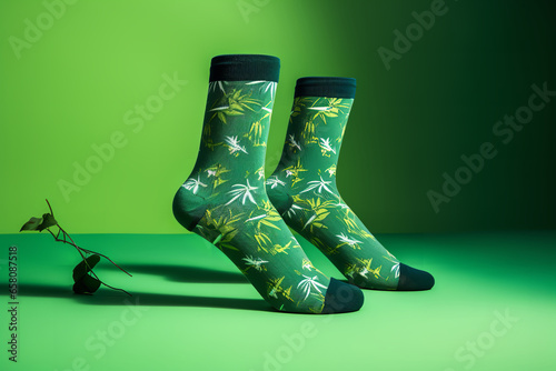  A pair of eco-friendly bamboo fiber socks showcased against a green background, highlighting sustainable fashion © Davivd